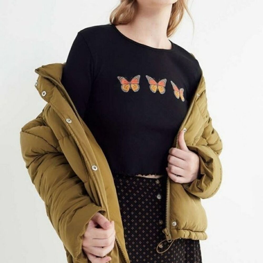 Butterfly Black Crop Long Sleeve Top by Truly Madly Deeply size MEDIUM